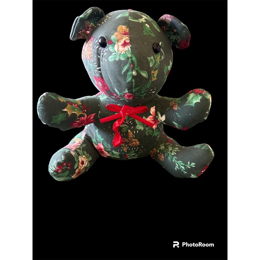 Rare Teddy Bear Plush Toy Green red Floral 1990